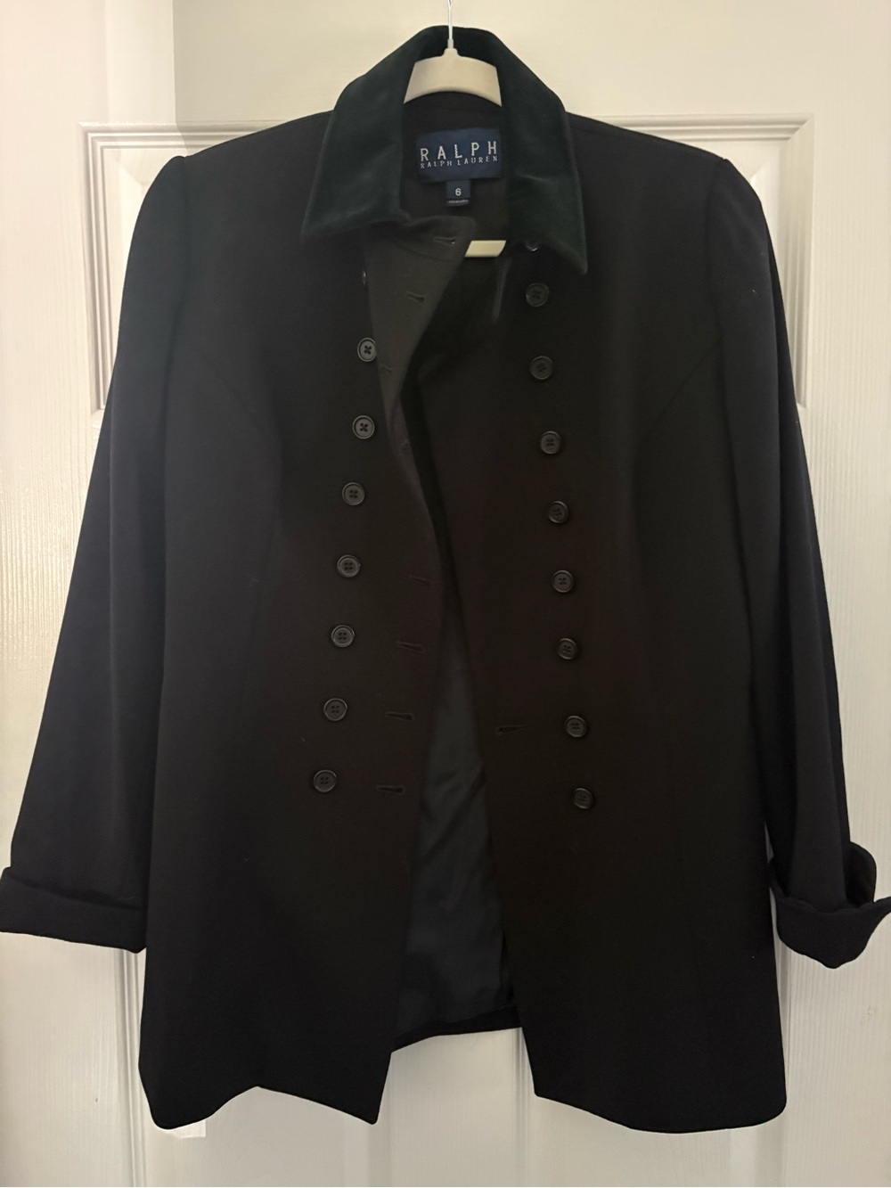 Vintage 90s Ralph Lauren Black Wool Velvet Collar DoubleBreasted Military Blazer